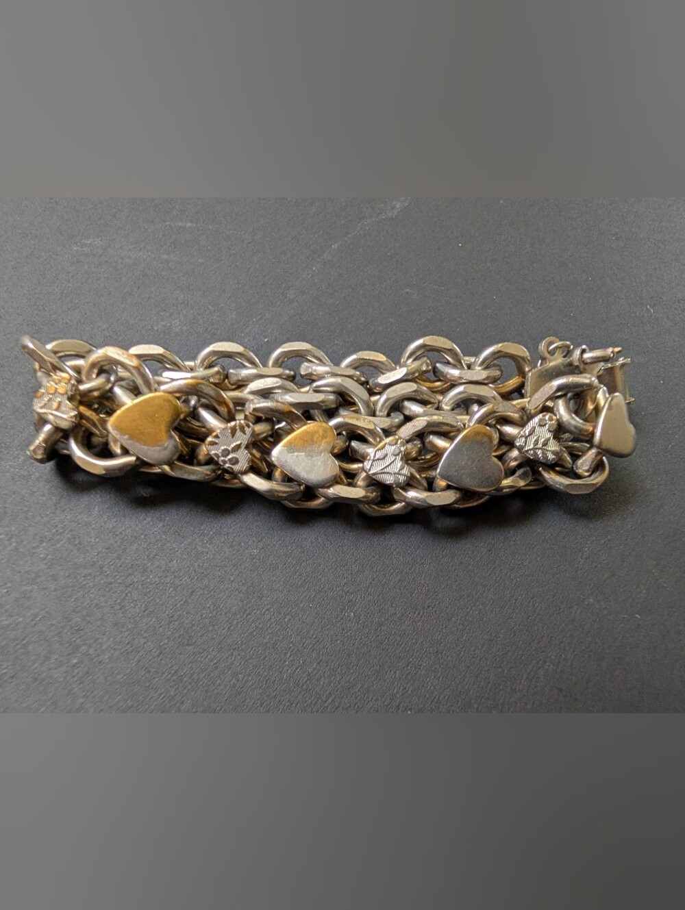 Vintage Women's Two-Tone Heart Link Bracelet - Silver & Gold With Hearts